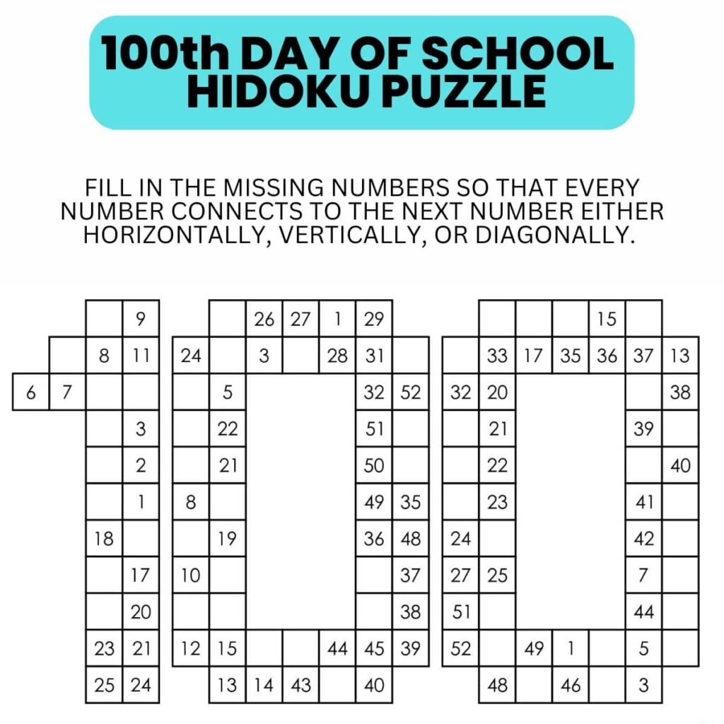 100th Day Of School Hidoku Logic Puzzles Math Love