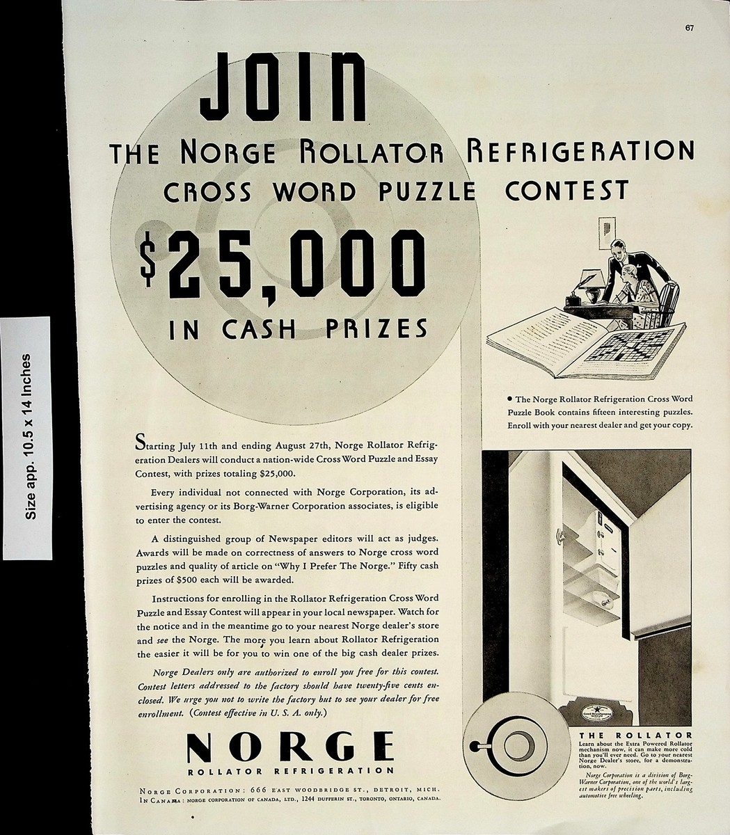 1932 Norge Rollator Refrigeration Crossword Puzzle Contest Vintage Print Ad 4137 EBay 1932 Norge Rollator Refrigeration Crossword Puzzle Contest Vintage Print Ad 4137 EBay
