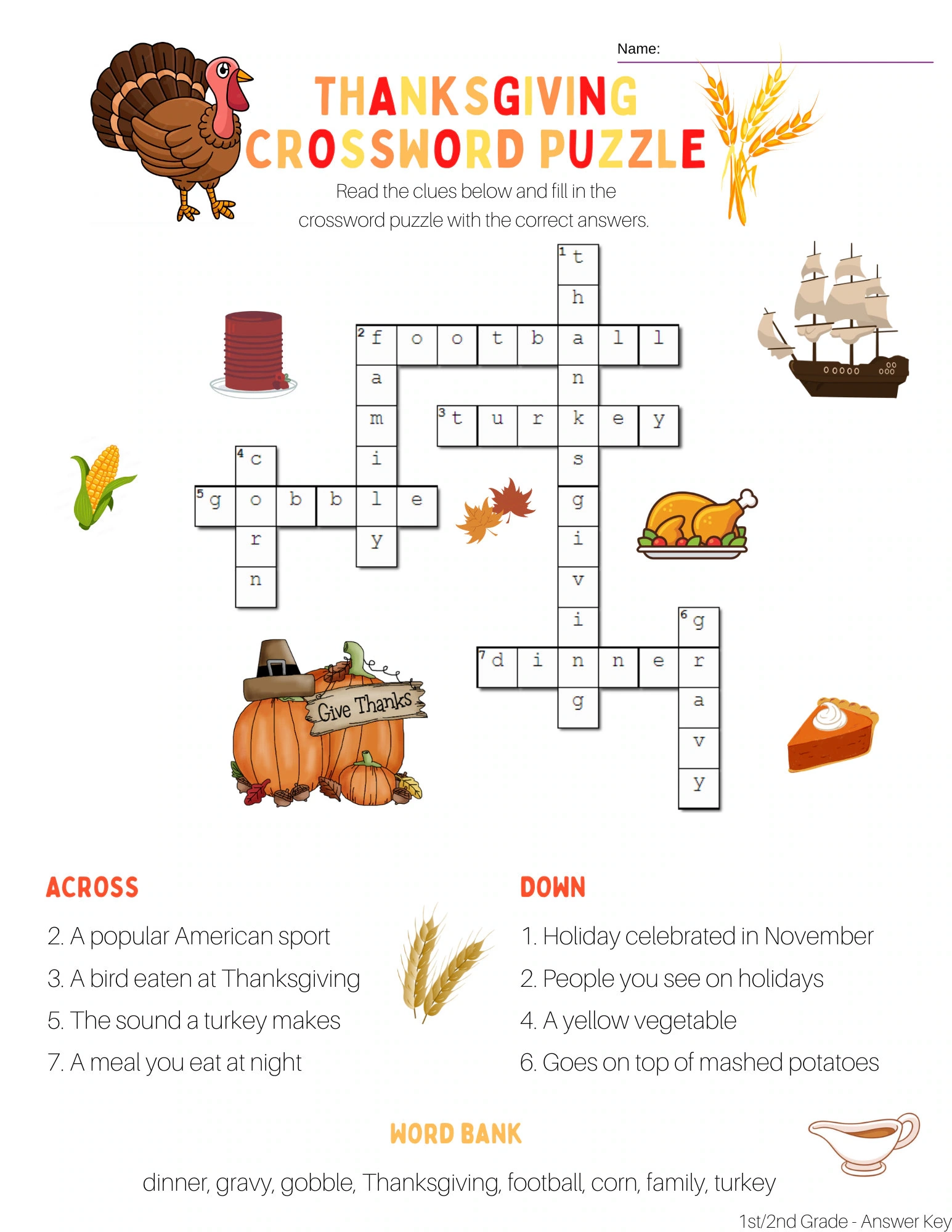 2nd grade thanksgiving crossword puzzle with word bank and answer key printable etsy 2nd grade thanksgiving crossword puzzle with word bank and answer key printable etsy