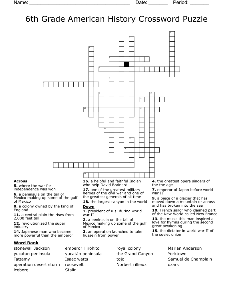 6th Grade American History Crossword Puzzle WordMint 6th Grade American History Crossword Puzzle WordMint