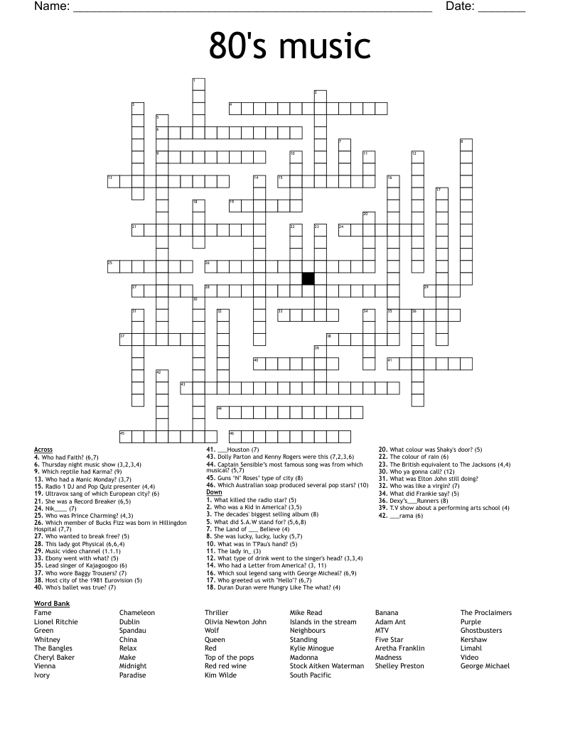 80 s Music Crossword WordMint 80 s Music Crossword WordMint
