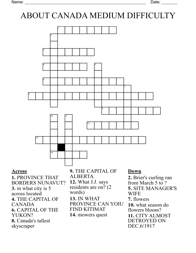 ABOUT CANADA MEDIUM DIFFICULTY Crossword WordMint ABOUT CANADA MEDIUM DIFFICULTY Crossword WordMint