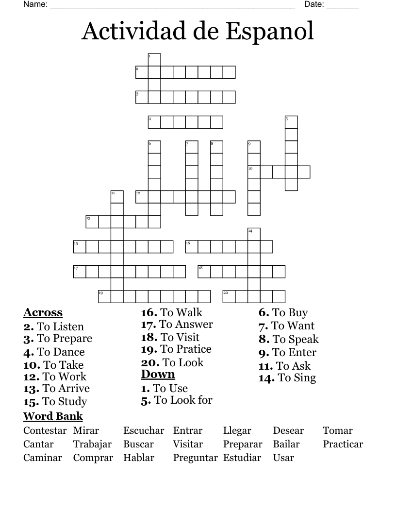 Actividad De Espanol Crossword WordMint Actividad De Espanol Crossword WordMint