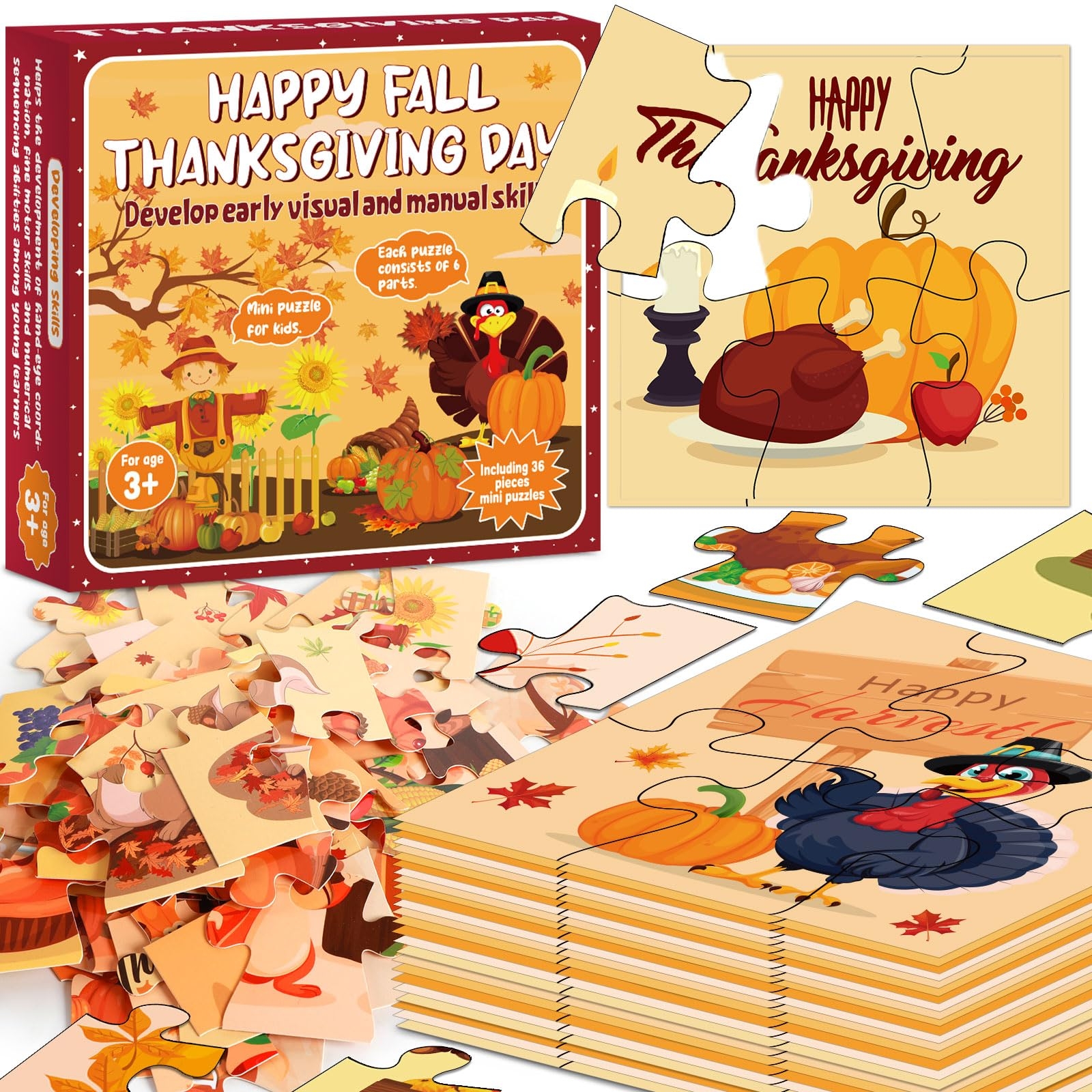 Amazon 36PCS Thanksgiving Turkey Jigsaw Puzzles Happy Fall Pumpkin Mini Puzzles Bulk For Kids Toddler Thanksgiving Day Party Favors Small Paper Puzzle Games Craft Gift Birthday Party School Classroom Rewards Toys