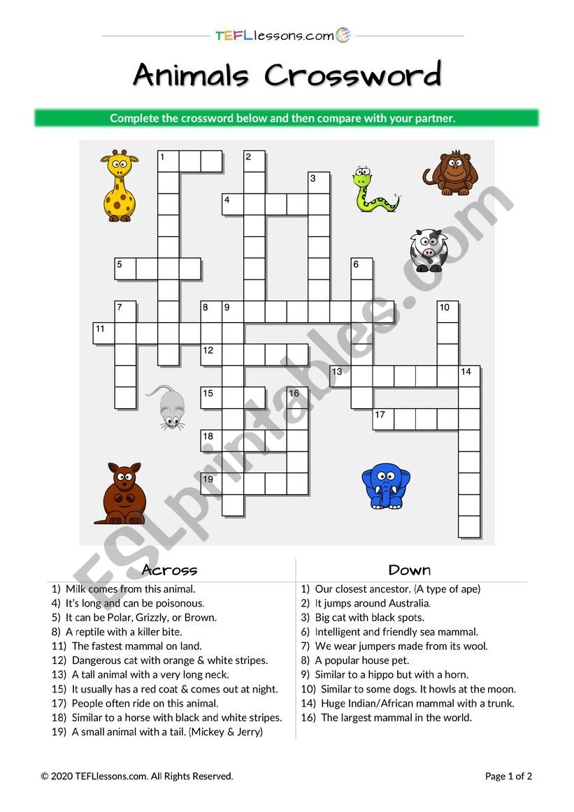 Animal Printable Crossword Puzzles Animal Printable Crossword Puzzles