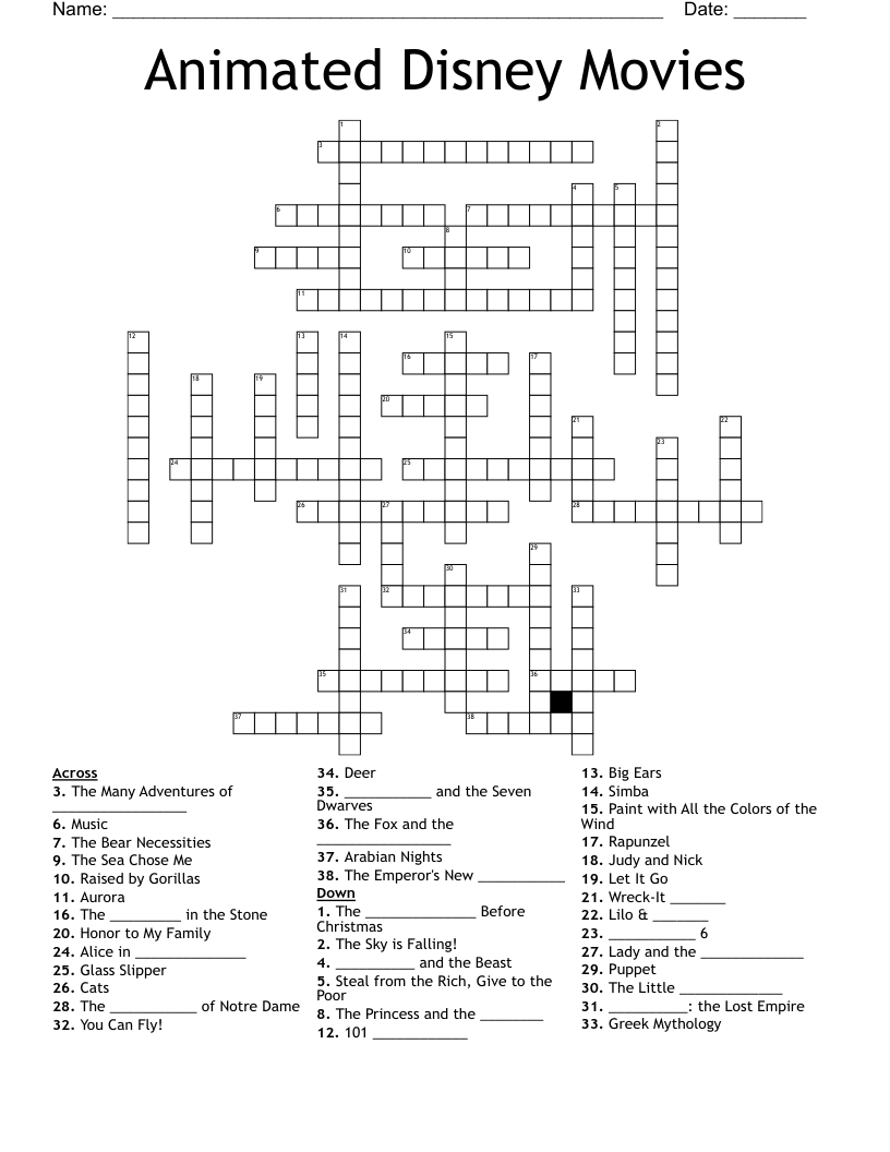 Animated Disney Movies Crossword WordMint Animated Disney Movies Crossword WordMint