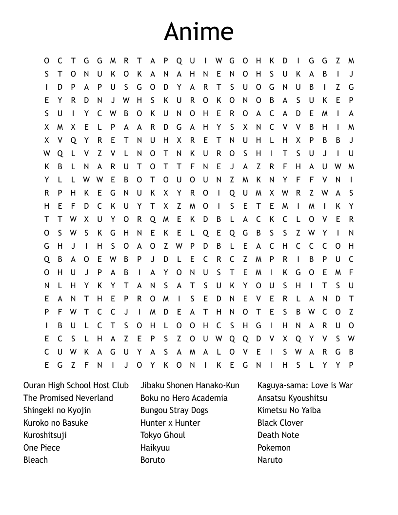 Anime Main Characters Crossword WordMint Anime Main Characters Crossword WordMint
