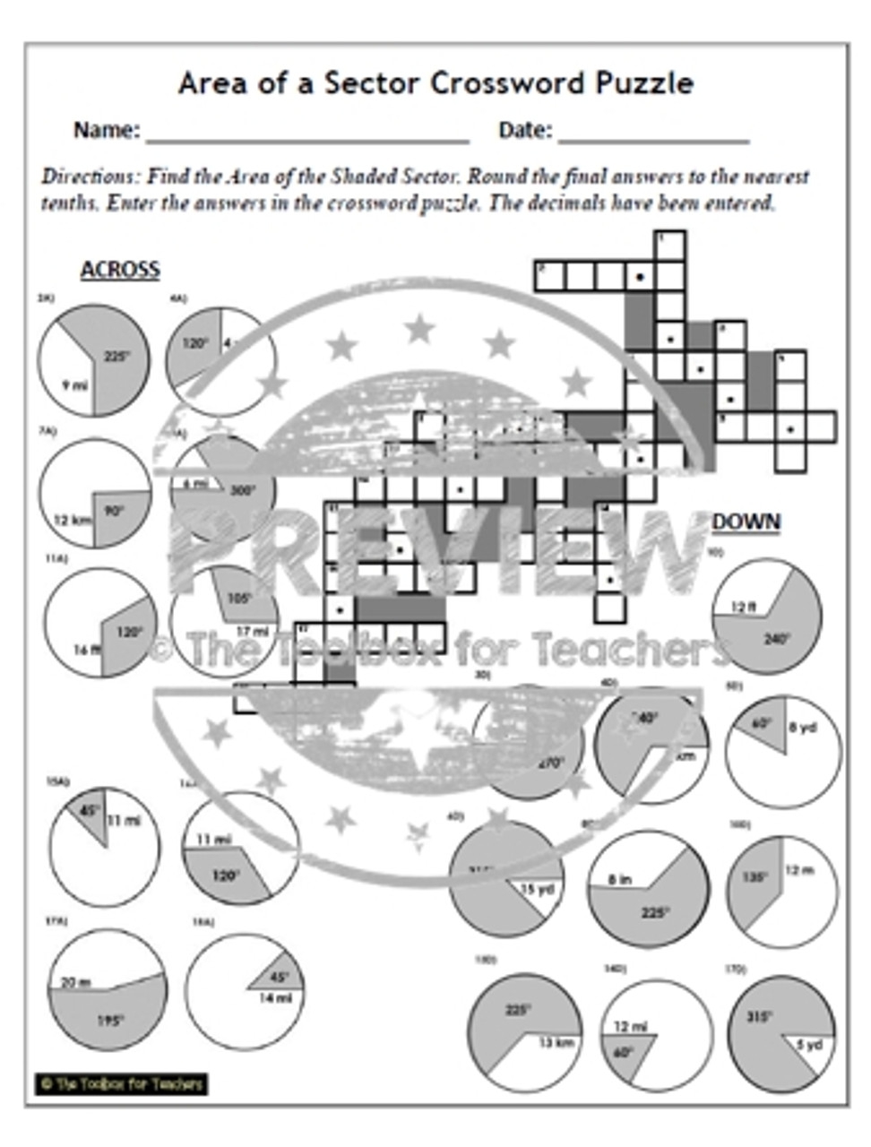 Area of a sector circle crossword puzzle geometry