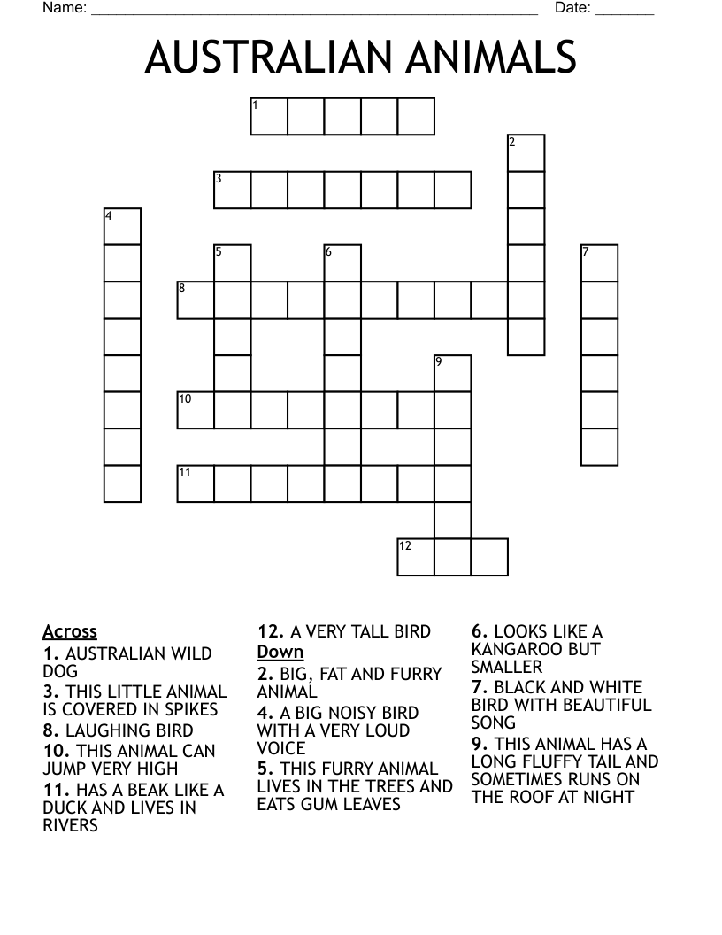 AUSTRALIAN ANIMALS Crossword WordMint AUSTRALIAN ANIMALS Crossword WordMint
