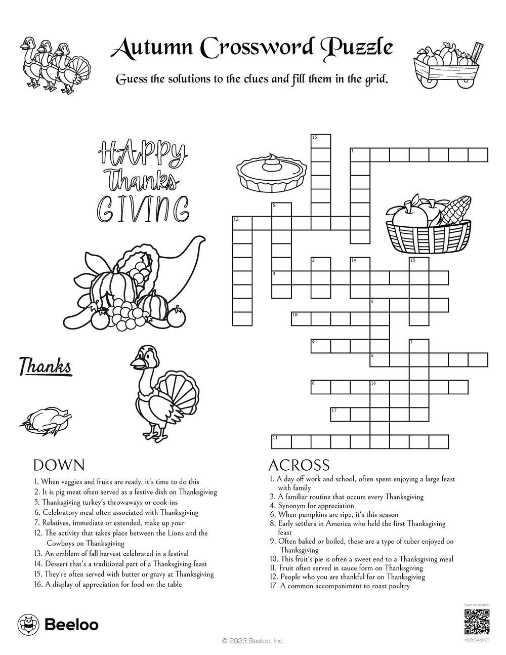 Autumn Crossword Puzzle Beeloo Printable Crafts And Activities For Kids