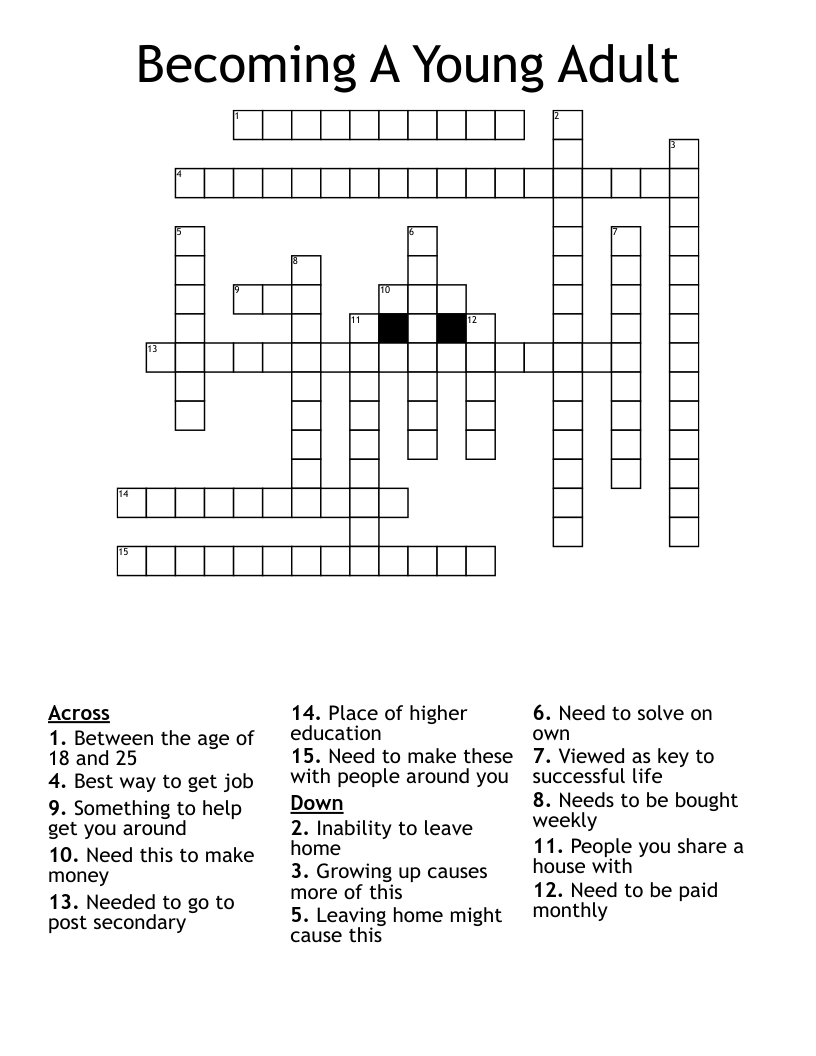 Becoming A Young Adult Crossword WordMint Worksheets Library