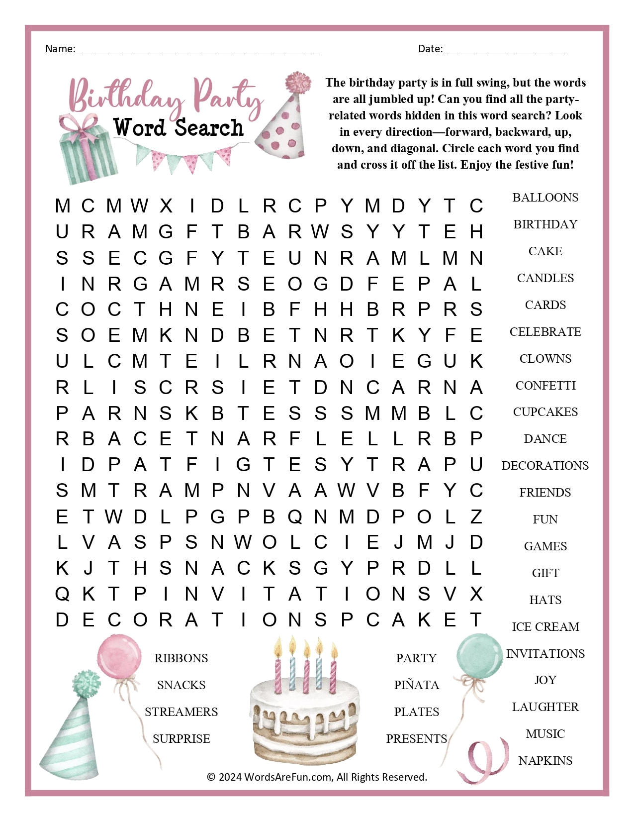 Birthday Party Word Search Birthday Party Word Search