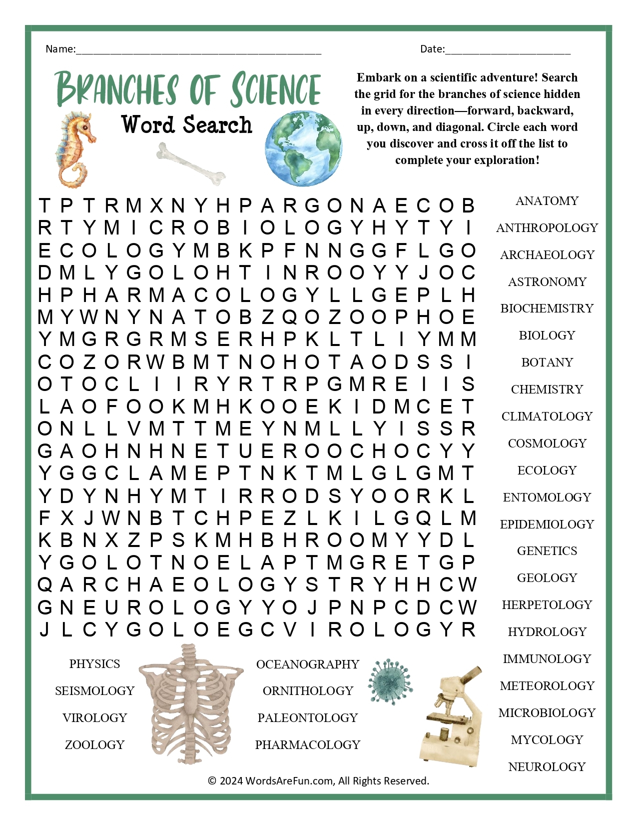 Branches Of Science Word Search Branches Of Science Word Search