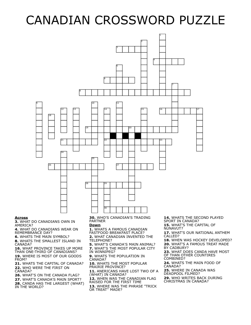 CANADIAN CROSSWORD PUZZLE WordMint CANADIAN CROSSWORD PUZZLE WordMint