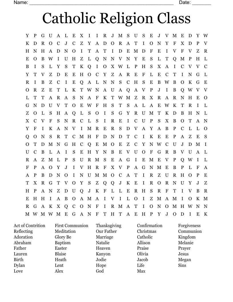Catholic Religion Class Word Search WordMint Catholic Religion Class Word Search WordMint