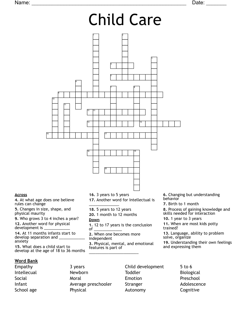 Child Care Crossword WordMint Child Care Crossword WordMint