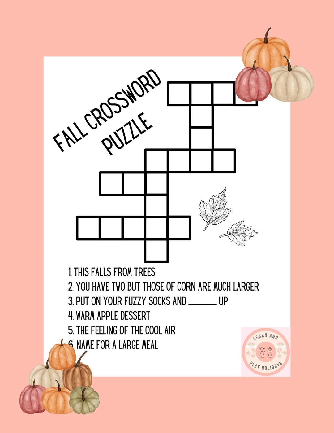 Children s Fall Crossword Puzzle Printable Activity Etsy Children s Fall Crossword Puzzle Printable Activity Etsy
