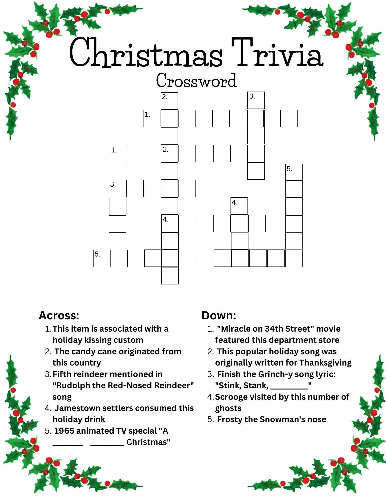 Christmas Trivia Crossword Etsy Christmas Trivia Crossword Etsy