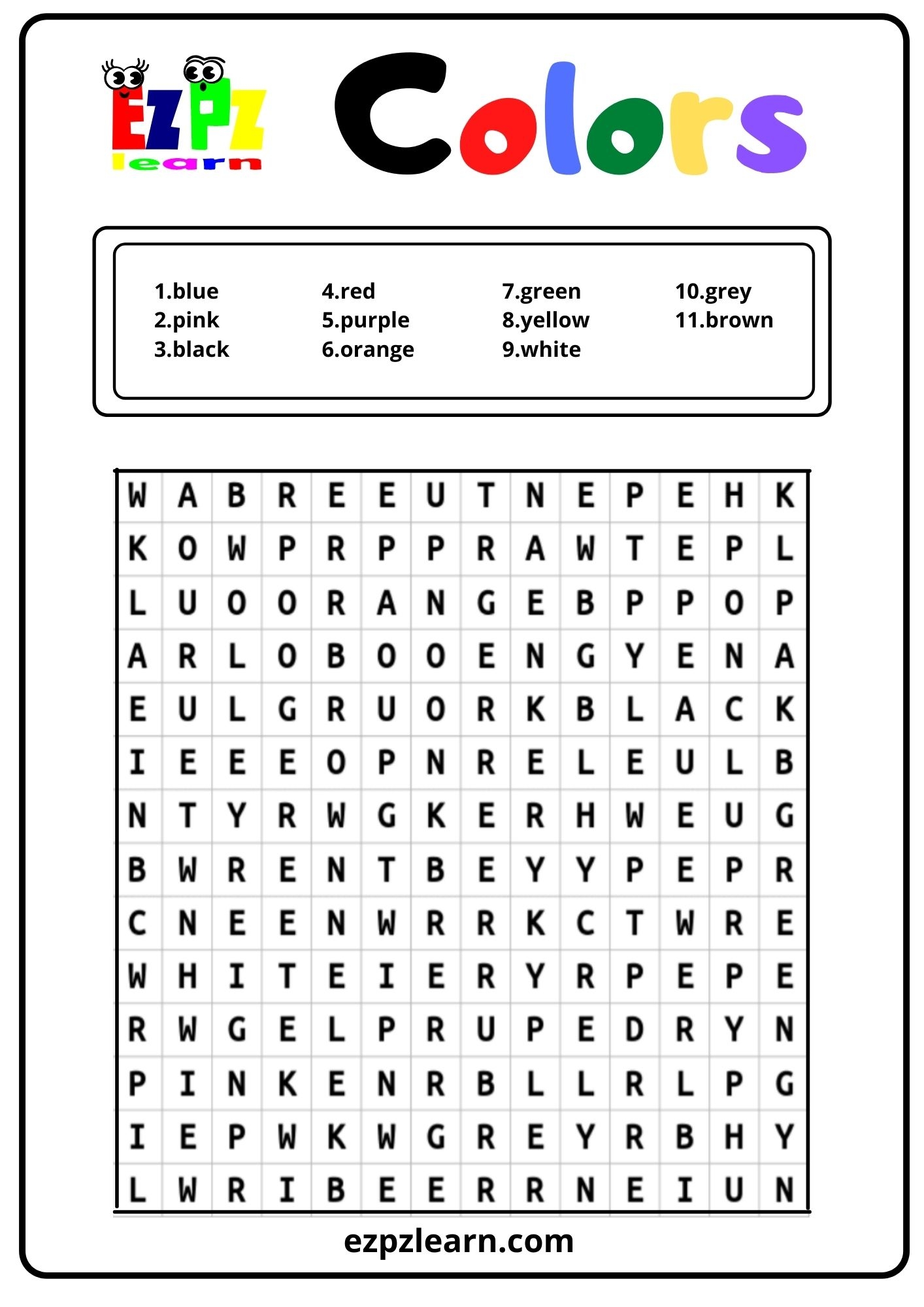 Colors Word Search Ezpzlearn Colors Word Search Ezpzlearn
