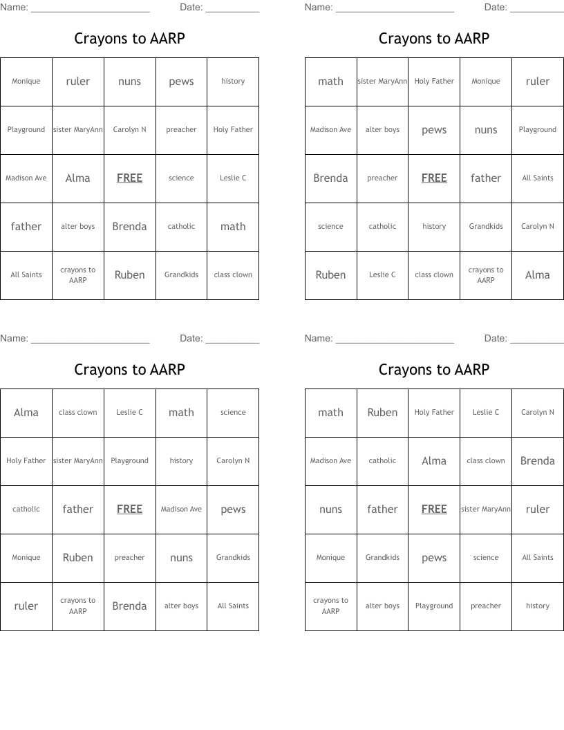 Crayons To AARP Bingo Cards WordMint