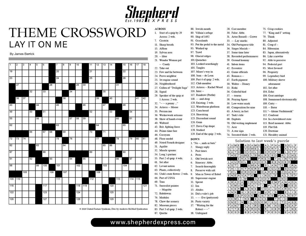 Crossword January 2 2025 Shepherd Express Crossword January 2 2025 Shepherd Express