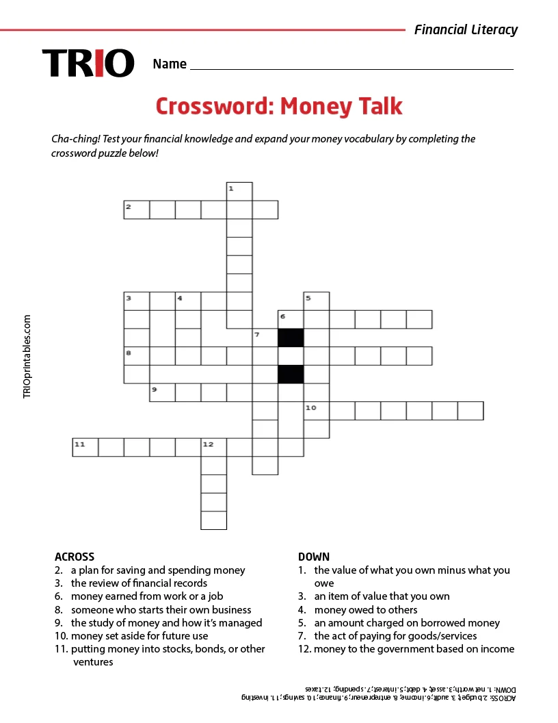 Crossword Money Talk Activity Sheet TRIO Printables Crossword Money Talk Activity Sheet TRIO Printables