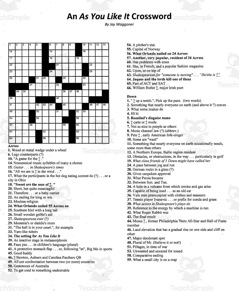 Crossword Puzzle As You Like It By Teach Simple Crossword Puzzle As You Like It By Teach Simple