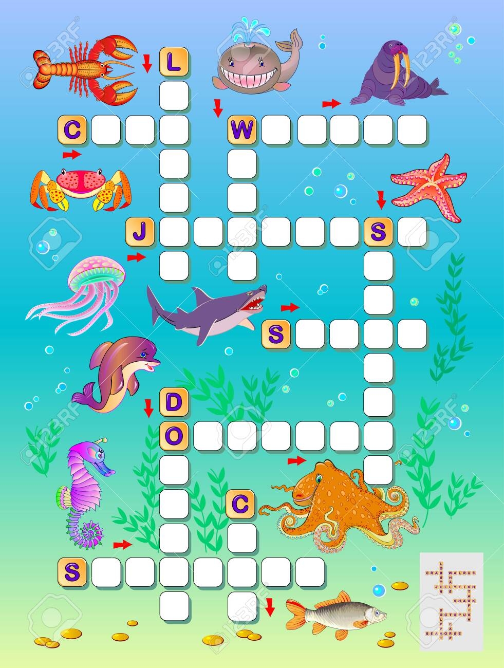 Crossword Puzzle Game For Kids With Sea Animals Educational Page For Children To Study English Language And Words Printable Worksheet For Kids Textbook Back To School Vector Cartoon Image Royalty Free SVG Crossword Puzzle Game For Kids With Sea Animals Educational Page For Children To Study English Language And Words Printable Worksheet For Kids Textbook Back To School Vector Cartoon Image Royalty Free SVG