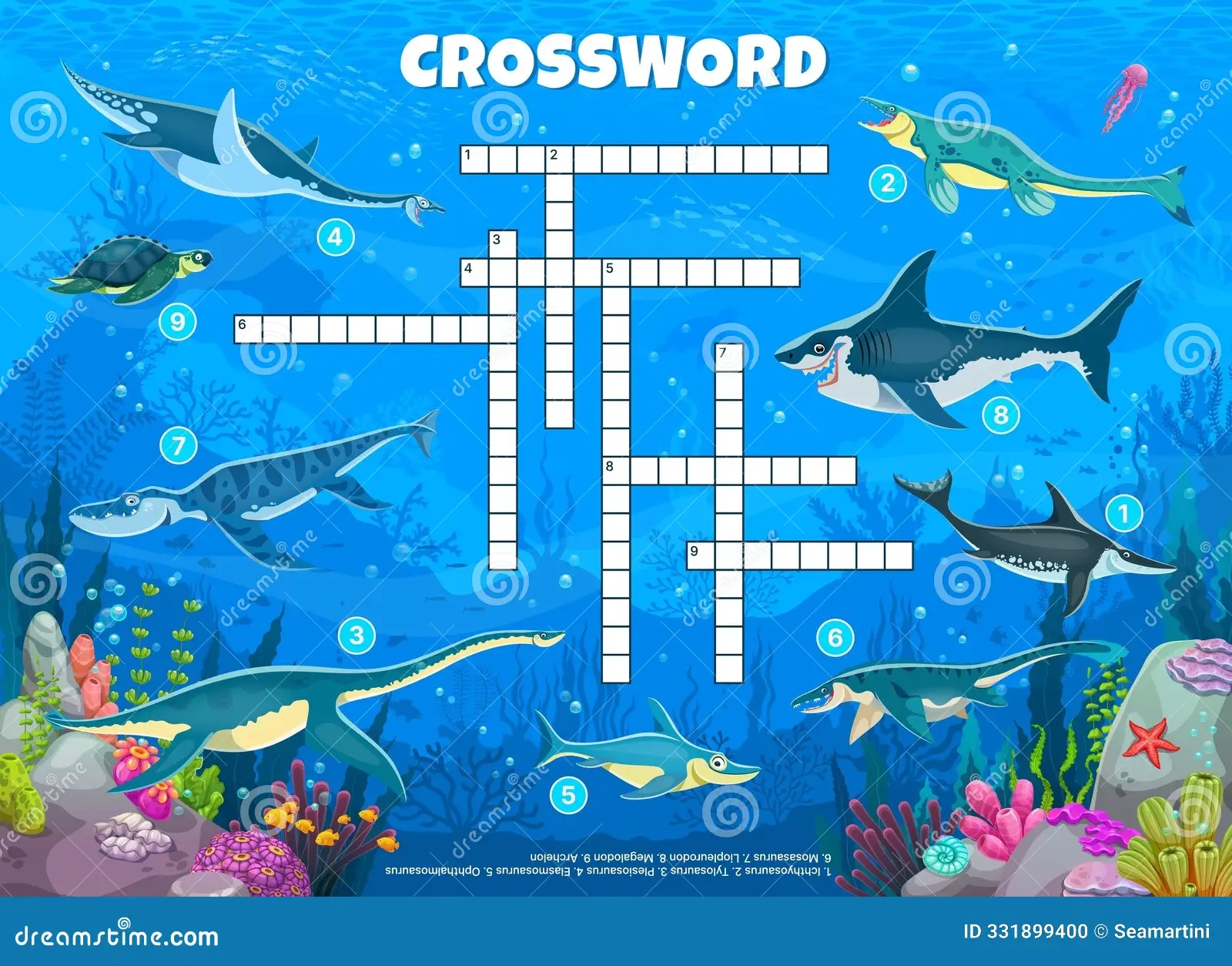 Crossword Quiz Game Underwater Dinosaurs Reptiles Stock Vector Illustration Of Elasmosaurus Aquatic 331899400