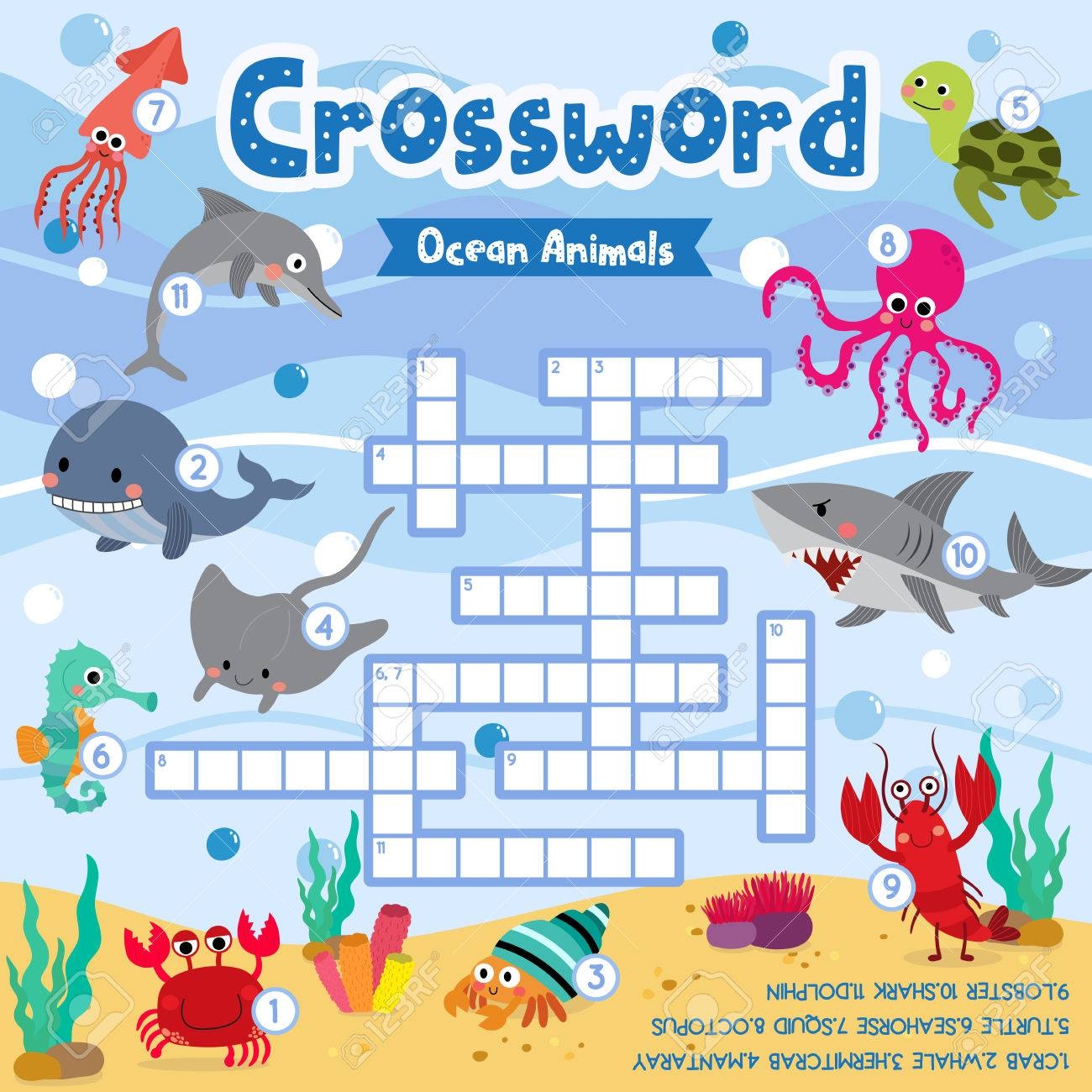 crosswords puzzle game of ocean animals for preschool kids activity worksheet colorful printable version vector illustration royalty free svg cliparts vectors and stock illustration image 86634723