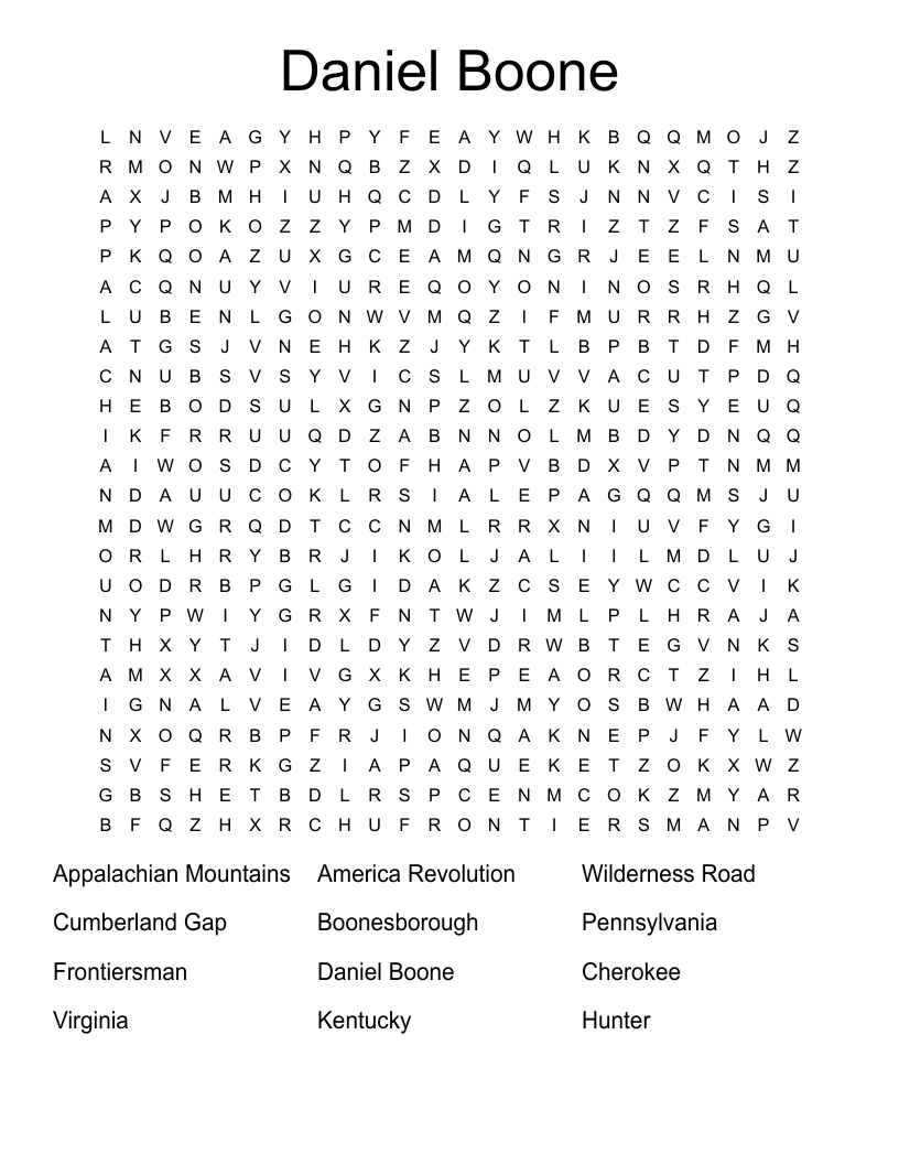 Daniel Boone Word Search WordMint Daniel Boone Word Search WordMint