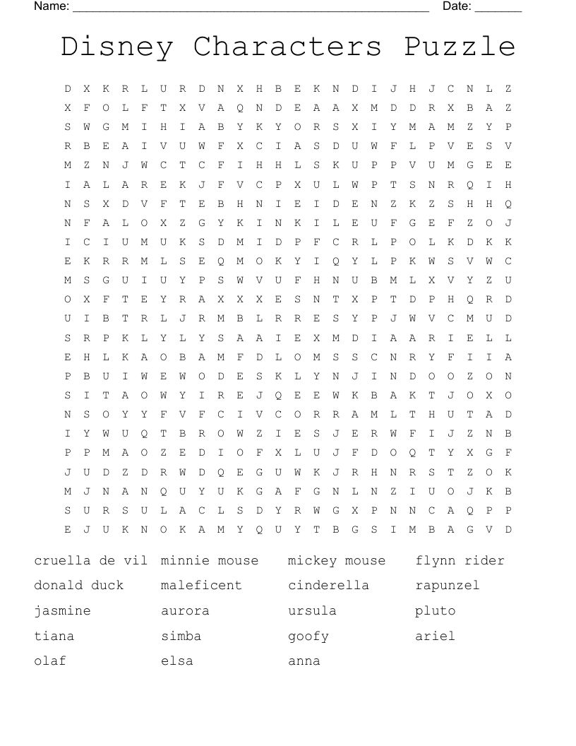 Disney Characters Hard Word Search WordMint Disney Characters Hard Word Search WordMint