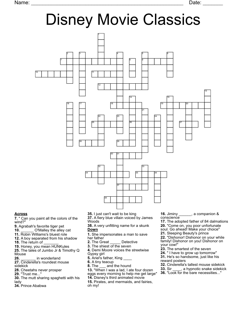 Disney Movie Classics Crossword WordMint Disney Movie Classics Crossword WordMint