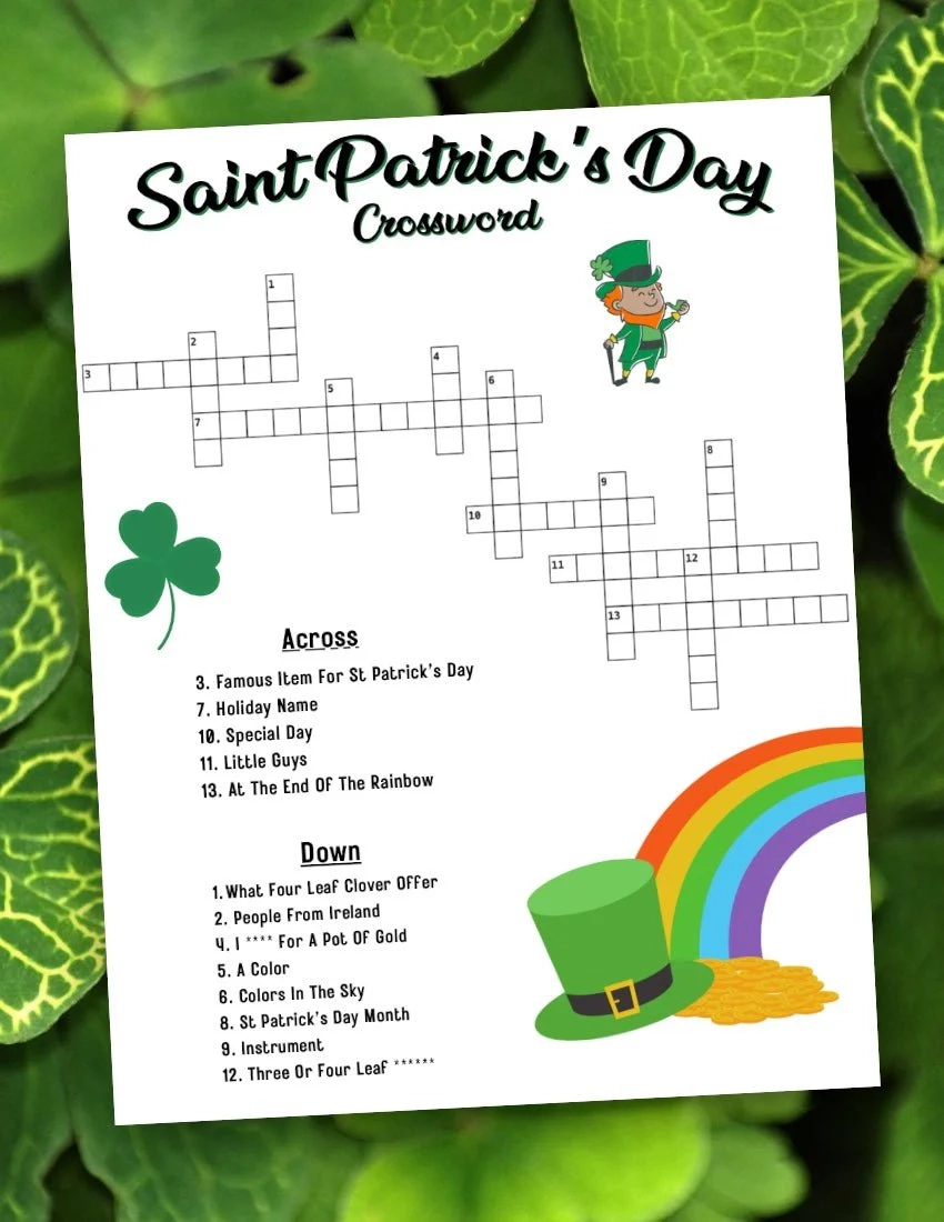 Download Saint Patrick s Day Crossword Puzzle Family Classroom Fun Quick Digital Files