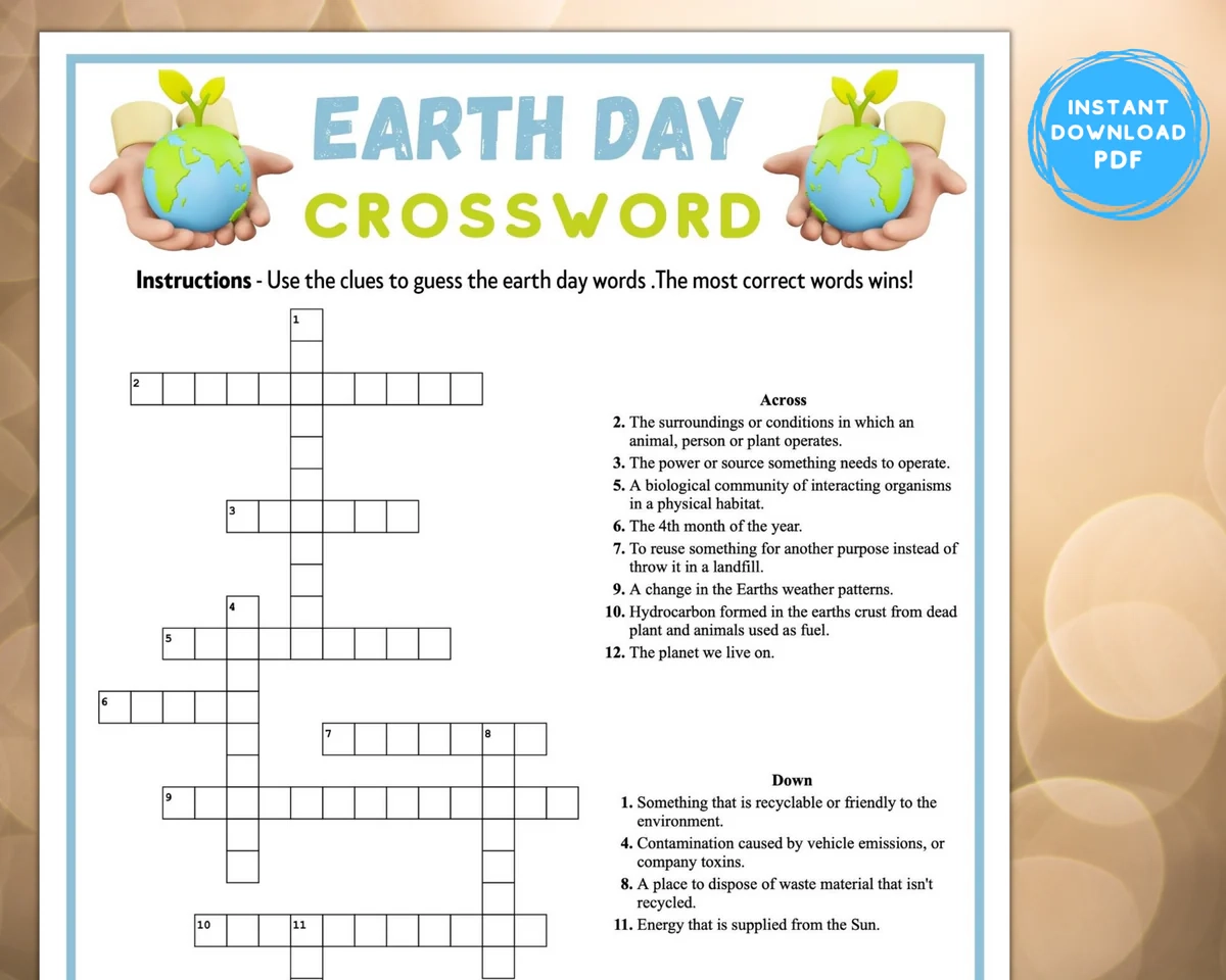 Earth Day Crossword Puzzle Game Printable Spring Party Word Game For Enjoymyprintables