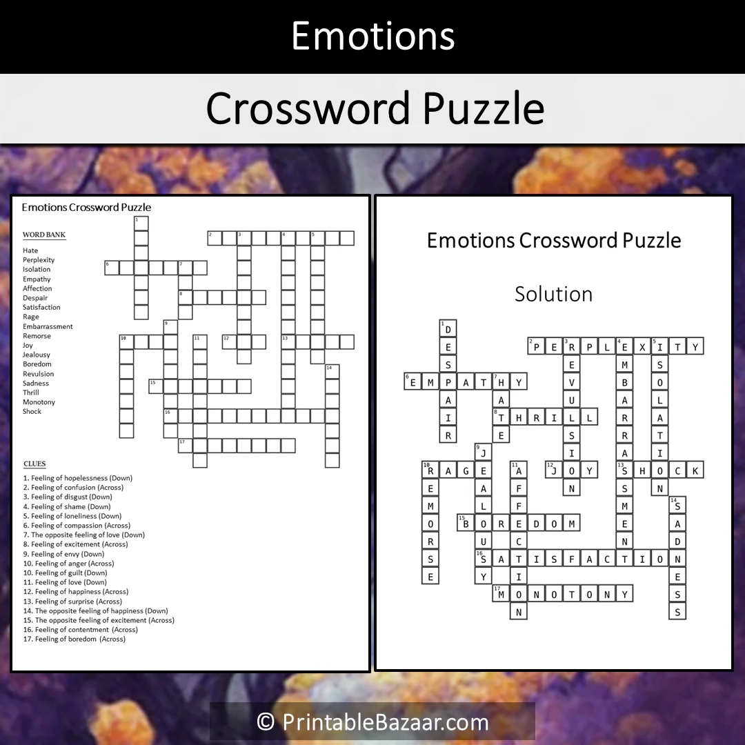 Emotions Crossword Puzzle Worksheet Activity Printable PDF PrintableBazaar Emotions Crossword Puzzle Worksheet Activity Printable PDF PrintableBazaar