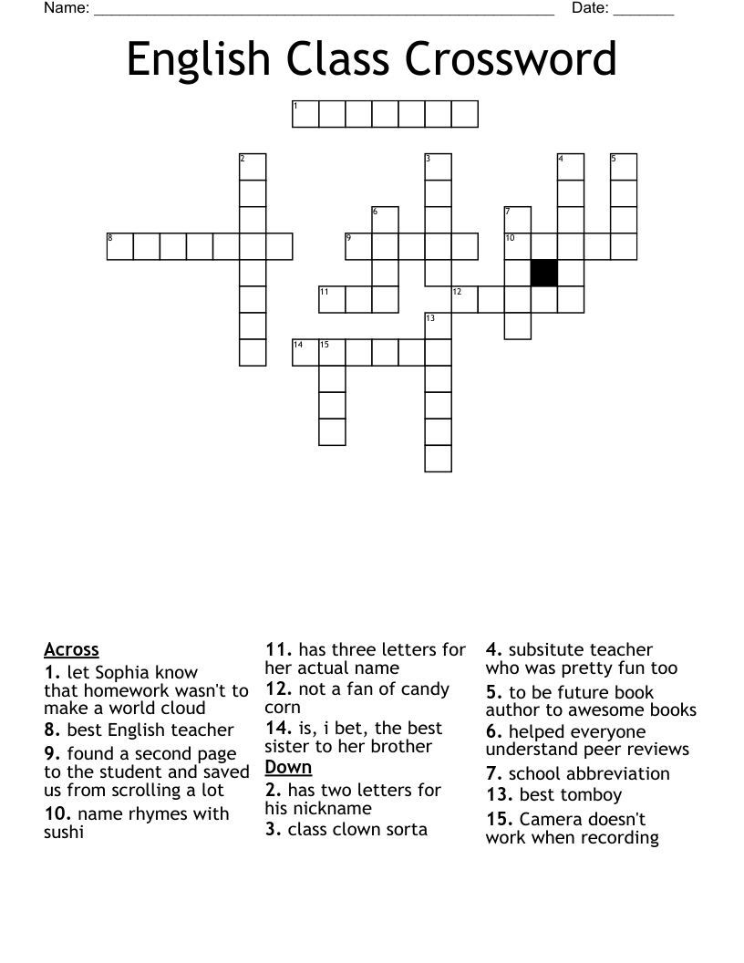 English Class Crossword WordMint English Class Crossword WordMint