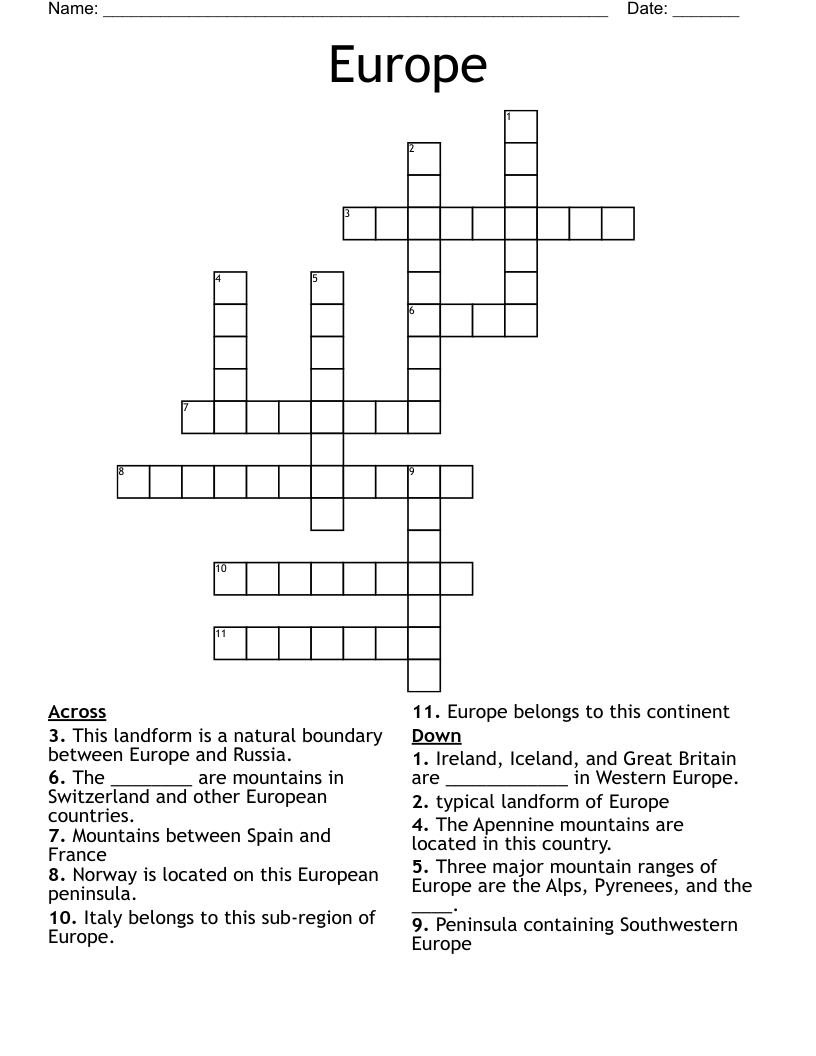 Europe Crossword WordMint Europe Crossword WordMint