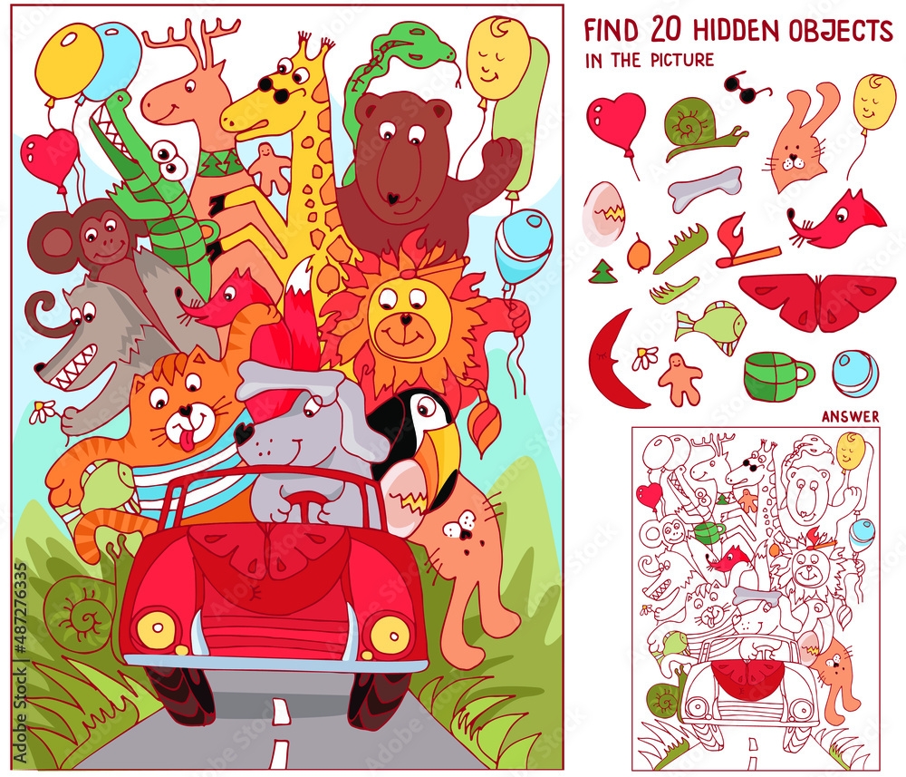 Find Hidden Objects Animal Ride By Car Vacation Puzzle Game For Kids Printable Education Worksheet Sketch Vector Illustration Stock Vector Adobe Stock Find Hidden Objects Animal Ride By Car Vacation Puzzle Game For Kids Printable Education Worksheet Sketch Vector Illustration Stock Vector Adobe Stock
