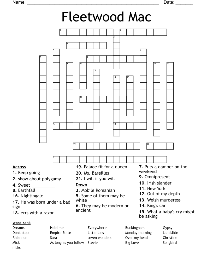 Fleetwood Mac Crossword WordMint