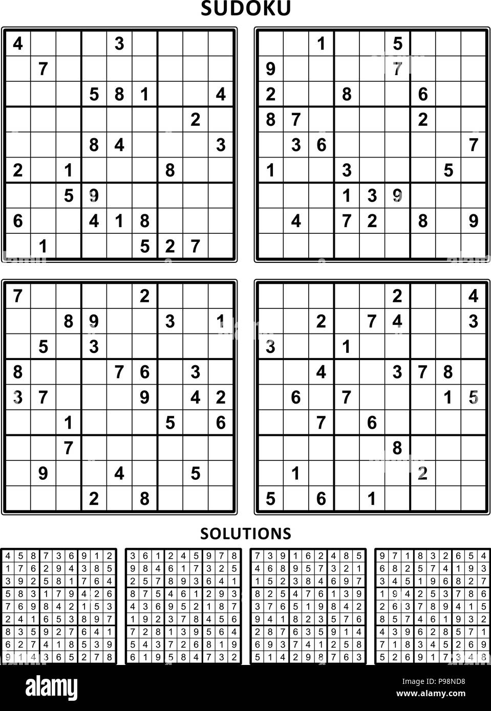 four sudoku puzzles of comfortable easy yet not very easy level on a4 or letter sized page with margins suitable for large print books set 14 stock vector image art alamy