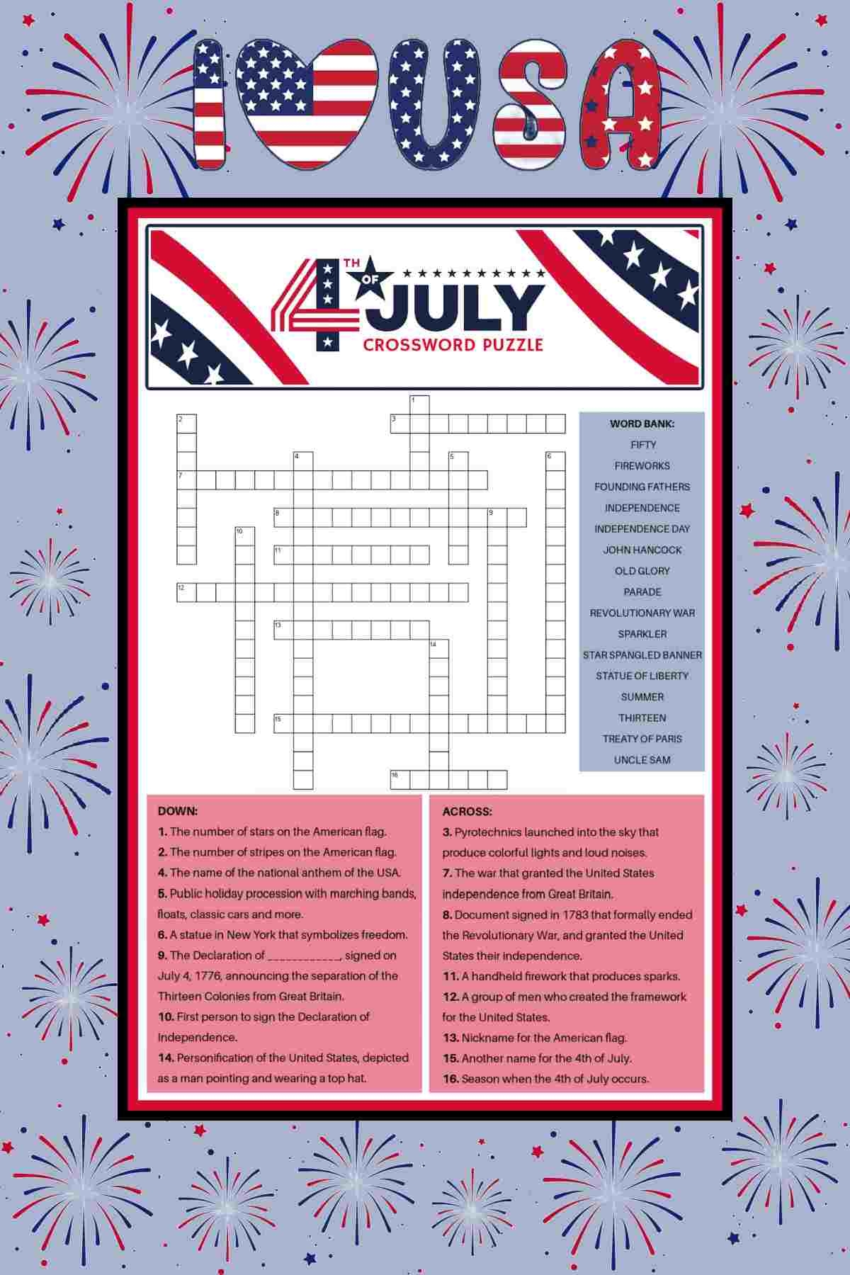 Free 4th Of July Crossword Puzzle Answer Key Included Free 4th Of July Crossword Puzzle Answer Key Included