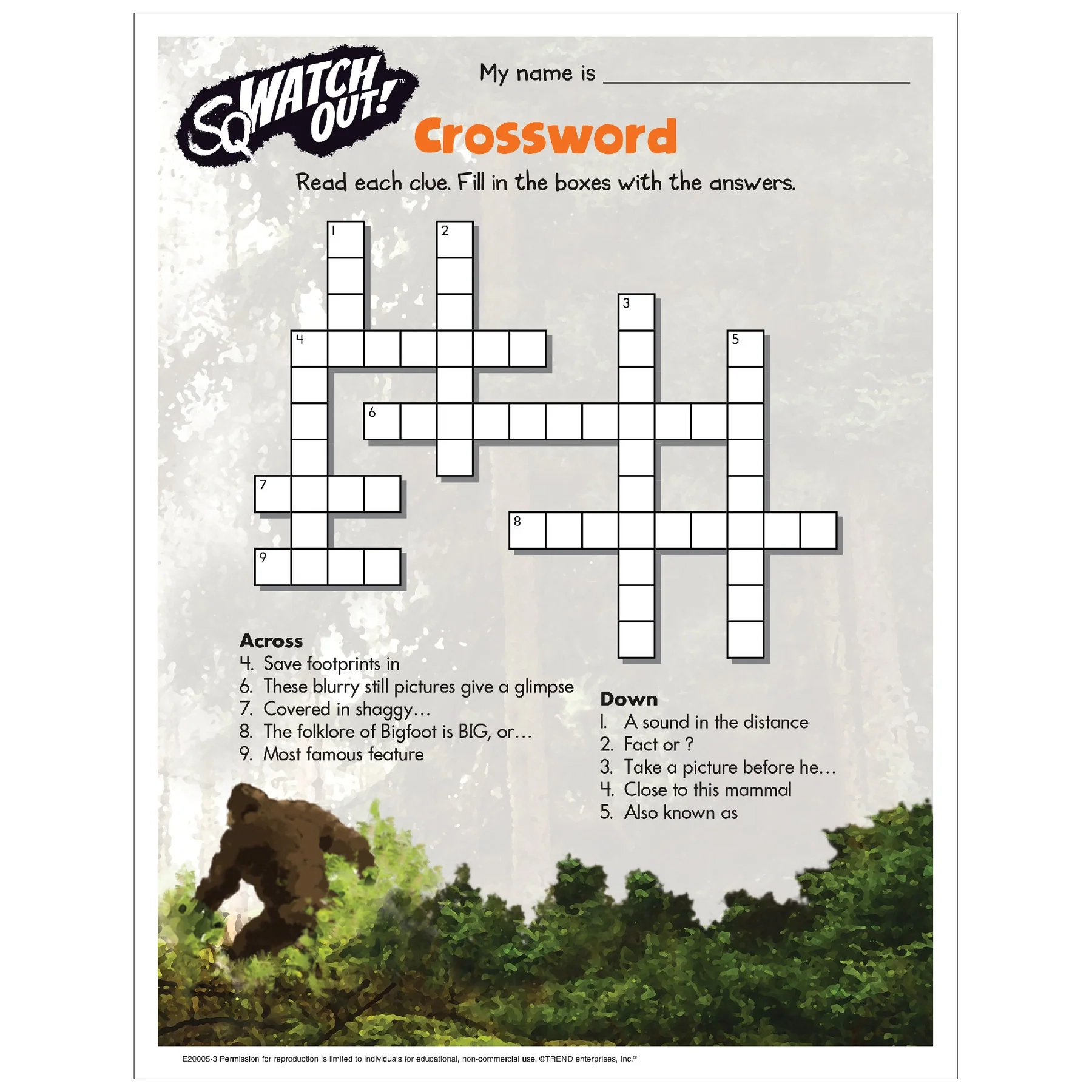 Free Printable Bigfoot Crossword Puzzle TREND Enterprises Inc 