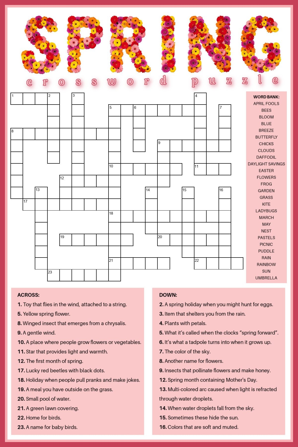 free spring crossword puzzle printable answer key included free spring crossword puzzle printable answer key included