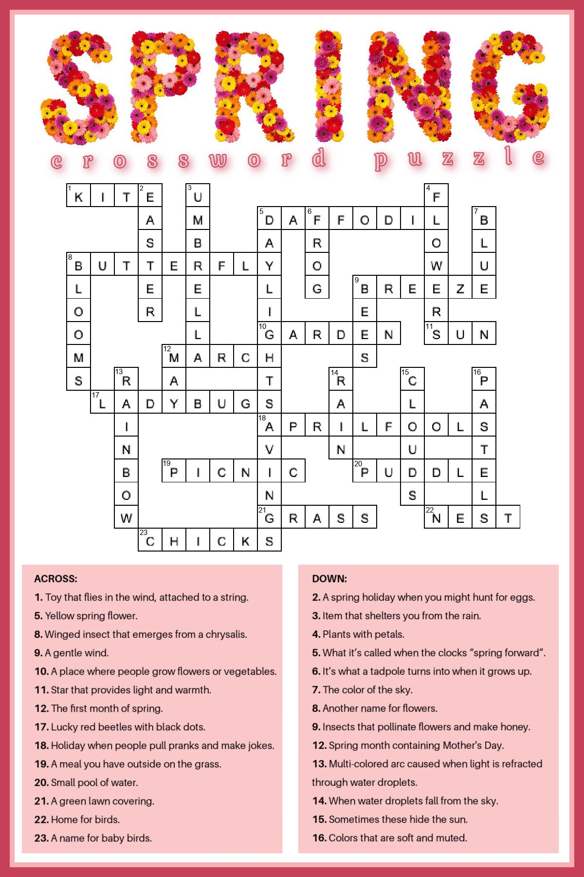 free spring crossword puzzle printable answer key included free spring crossword puzzle printable answer key included
