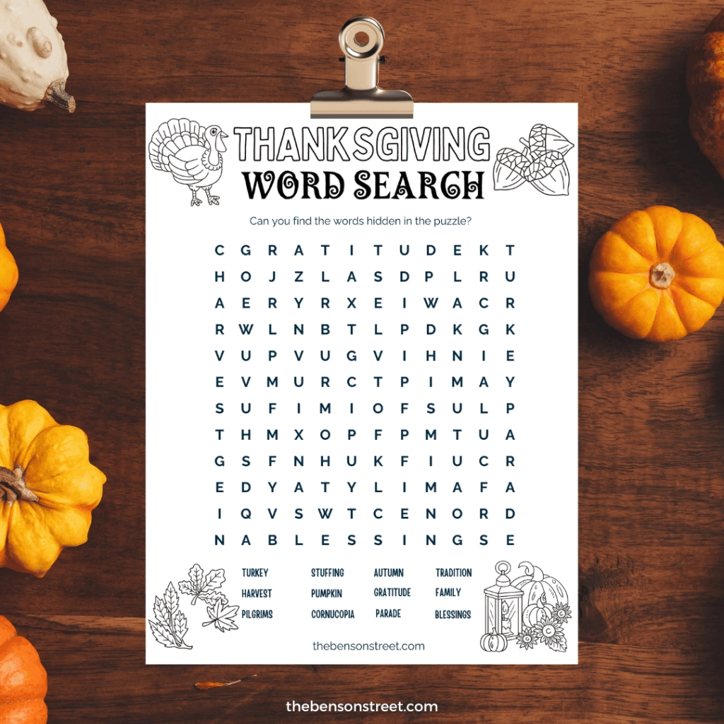 Free Thanksgiving Word Search Printable For Kids The Benson Street Free Thanksgiving Word Search Printable For Kids The Benson Street