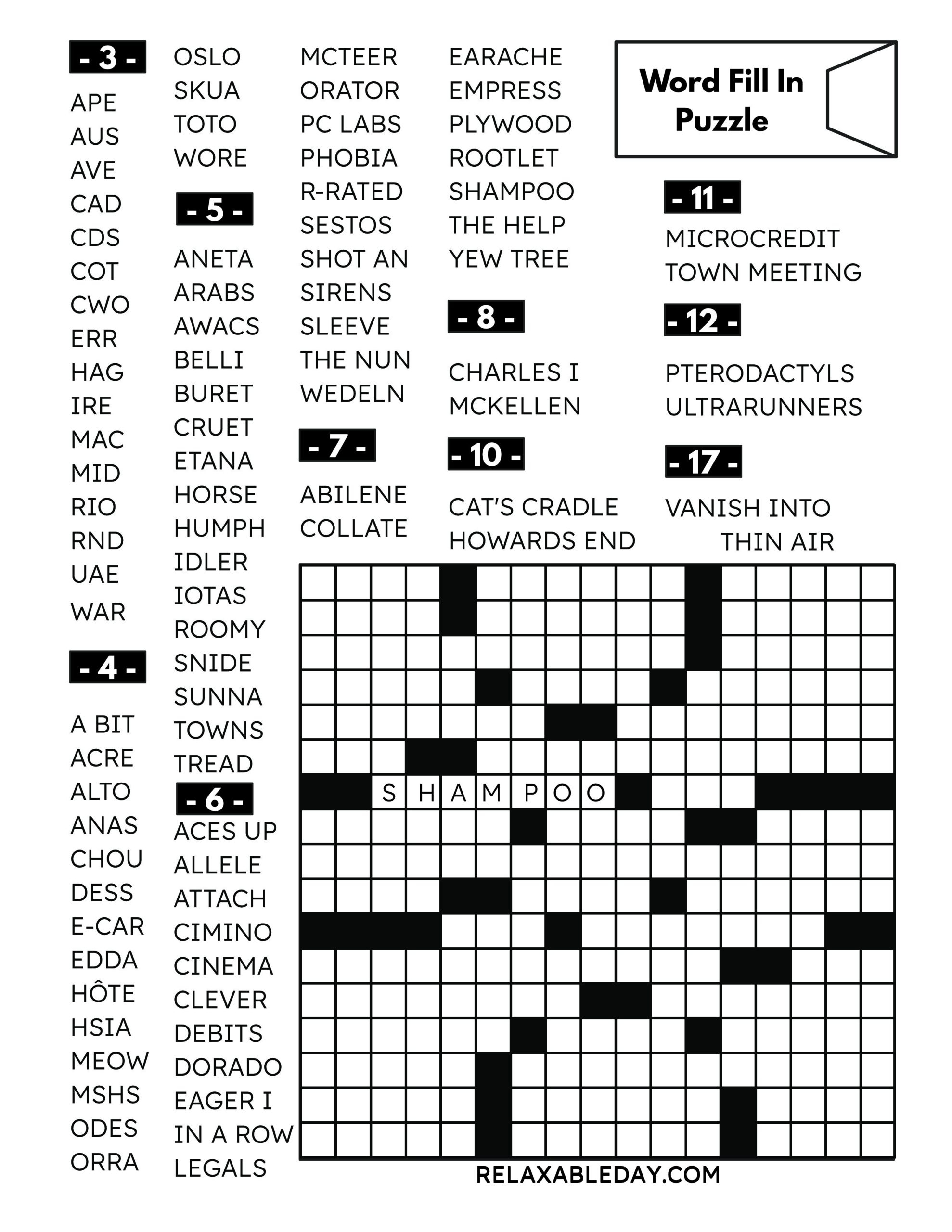 FREE WORD FILL IN PUZZLE Relaxable Day