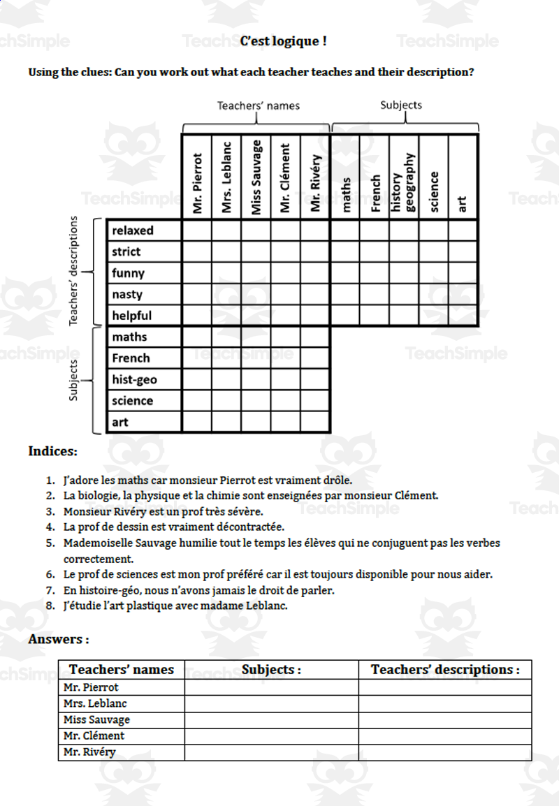 French Logic Puzzle Teachers By Teach Simple French Logic Puzzle Teachers By Teach Simple