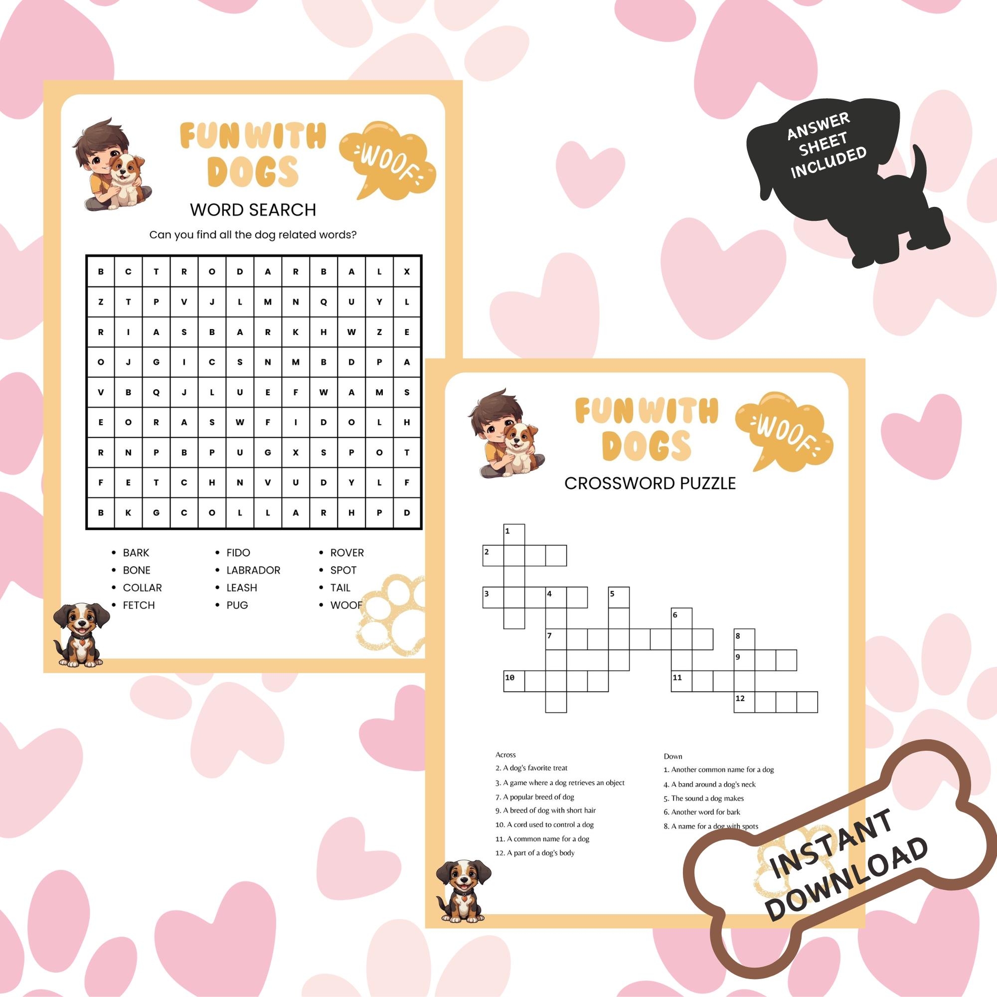 Fun With Our Dog Lover s Puzzle Pack Digital Download Printable Dog Puzzles W answers Family Friendly Game Crossword Word Search PDF Etsy