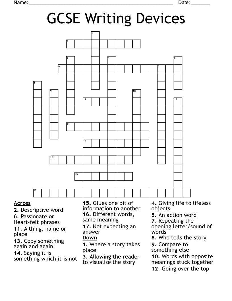 GCSE Writing Devices Crossword WordMint GCSE Writing Devices Crossword WordMint